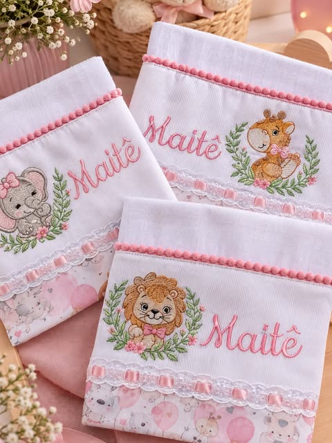 Fraldinhas Safari menina bordadas para Maitê