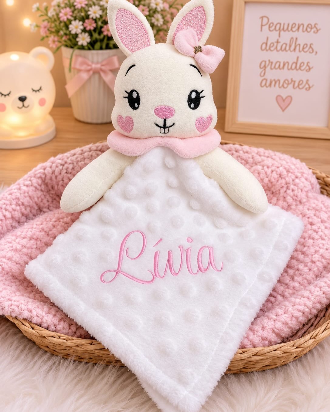 Naninha de coelhinha rosa com o nome Lívia bordado
